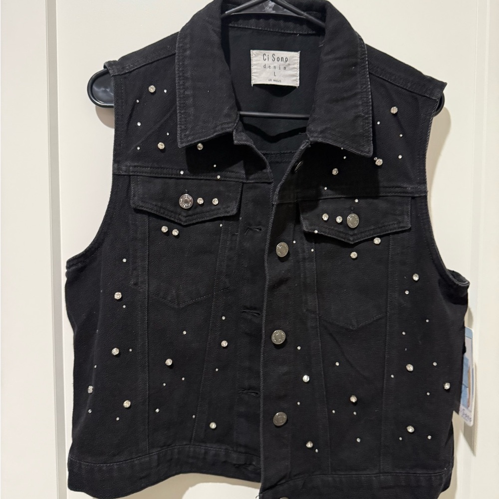Ci Sono Black Denim Vest with Stud Accents